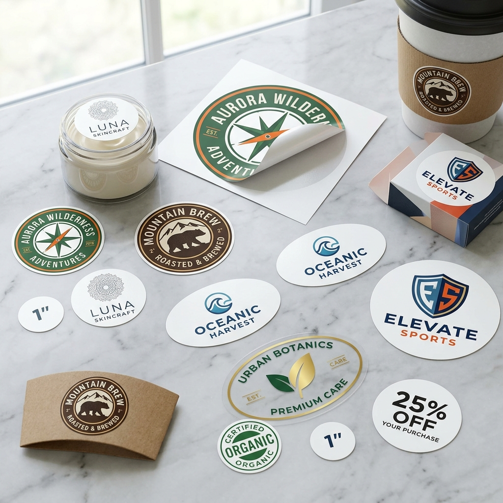 A variety of custom stickers are spread on a marble surface, showing different logos and designs for brands such as Aurora Wilderness Adventures, Mountain Brew, Oceanic Harvest, Elevate Sports, Luna Skincraft, Urban Botanics, and Certified Organic. Some stickers are placed on items like a candle jar, a coffee cup, and a cardboard sleeve, while others are loose on the table.