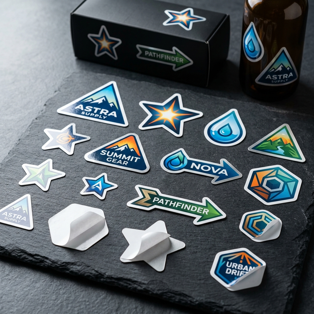An assortment of colorful adventure-themed stickers, featuring designs like mountains, stars, water droplets, arrows with words like