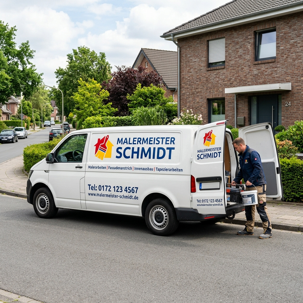 A painter stands at the open back doors of a white van labeled