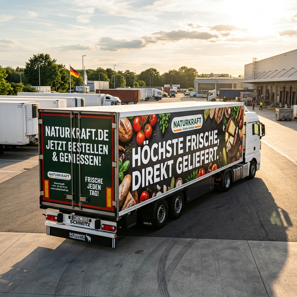A large delivery truck with colorful images of fresh vegetables and bread is parked outside a warehouse. The truck displays German text promoting direct delivery of fresh products from