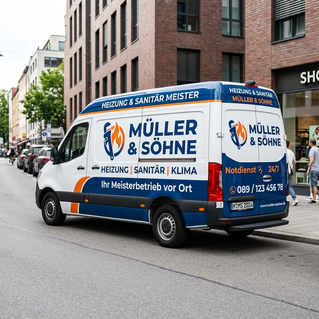 A blue and white service van with the branding