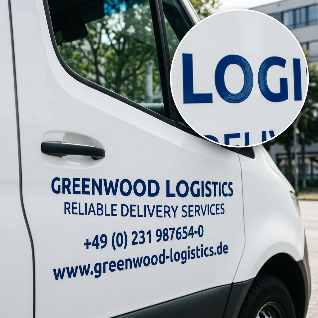 A white delivery van features blue lettering on the side that reads
