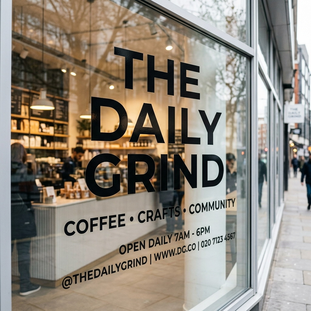 Large black letters on a café window read “THE DAILY GRIND” above smaller text advertising coffee, crafts, and community, along with the shop’s hours, contact info, and social media handle; inside, shelves with products and people at the counter are visible.