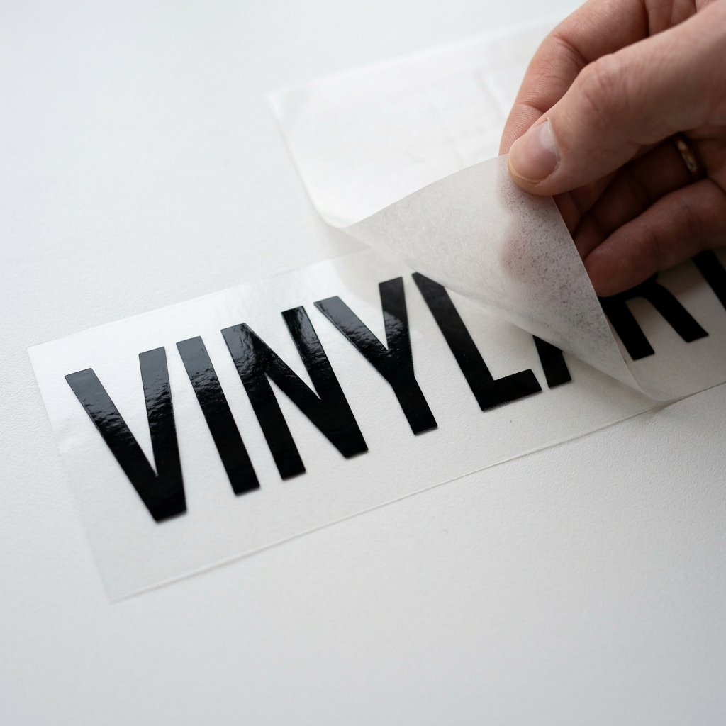 A hand is peeling back the clear backing of a vinyl decal with the word