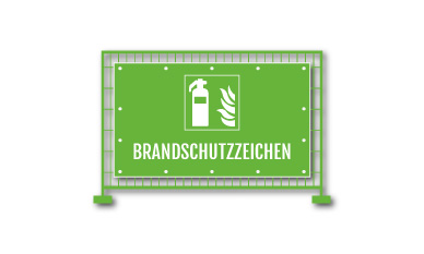 Ein Baustellenzaunbanner mit einem grün-grauen geometrischen Muster, das ein Feuerlöschersymbol und das Wort „BRANDSCHUTZZEICHEN“ auf Deutsch zeigt.