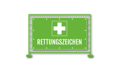 Ein Baustellenzaunbanner mit grün-grauem geometrischem Hintergrund, auf dem ein weißes Kreuz in einem dunklen Quadrat und das Wort „RETTUNGSZEICHEN“ in fetten Buchstaben zu sehen sind, das einen Notfall- oder Sicherheitsbereich für Arbeiter kennzeichnet.