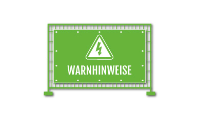 Ein Baustellenzaunbanner mit einem Verbotsschild zeigt eine erhobene Hand in einem roten Kreis, die „Stopp“ signalisiert, und darunter das deutsche Wort „VERBOTSZEICHEN“. Das Design besteht aus grünen und grauen geometrischen Formen.