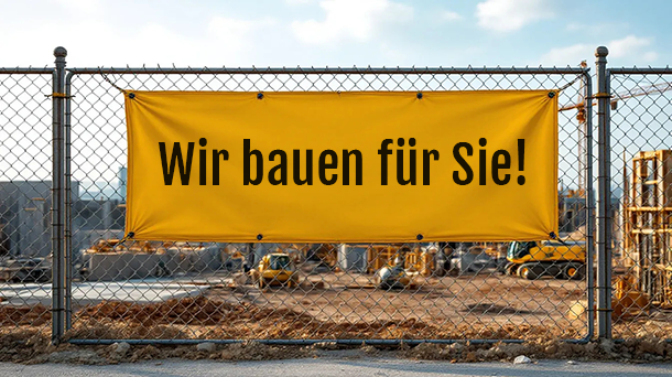 Ein gelbes Banner mit dem deutschen Text „Wir bauen für Sie!“ ist an einem Metallzaun vor einer aktiven Baustelle angebracht, im Hintergrund sind Geräte und Materialien zu sehen.