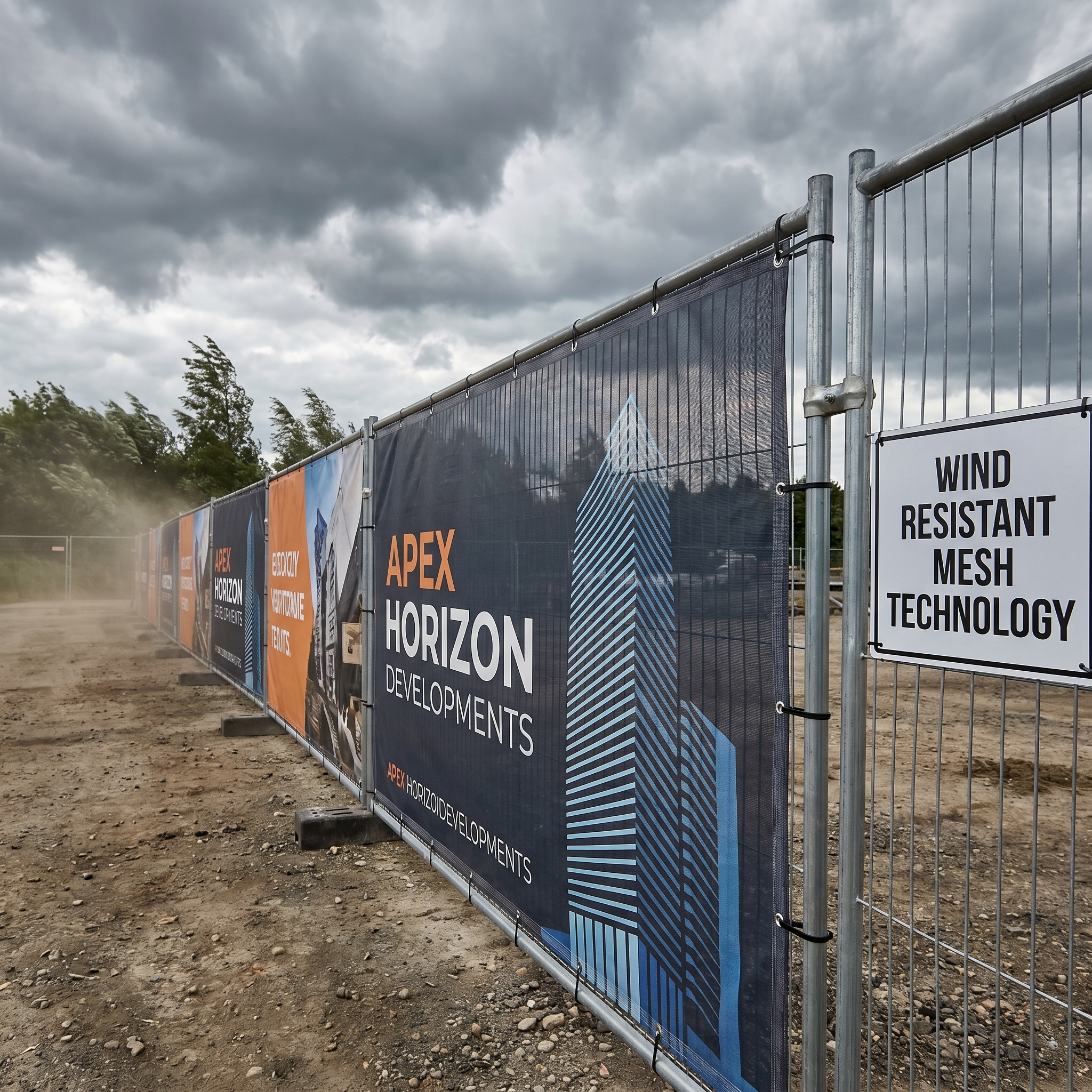 A construction site is surrounded by metal fencing with mesh banners displaying