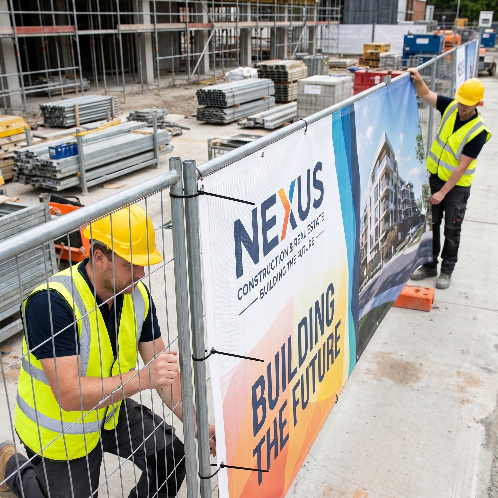 Two construction workers wearing yellow safety vests and hard hats are attaching a large banner to a fence at a construction site. The banner reads
