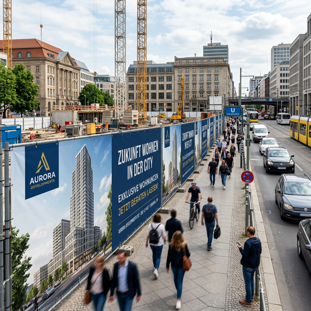 A busy city street with people walking on the sidewalk next to a construction site, which is enclosed by blue fencing displaying advertisements for a new real estate development in German. Cars and a yellow tram travel on the road, and several cranes rise above the construction area amidst tall buildings.