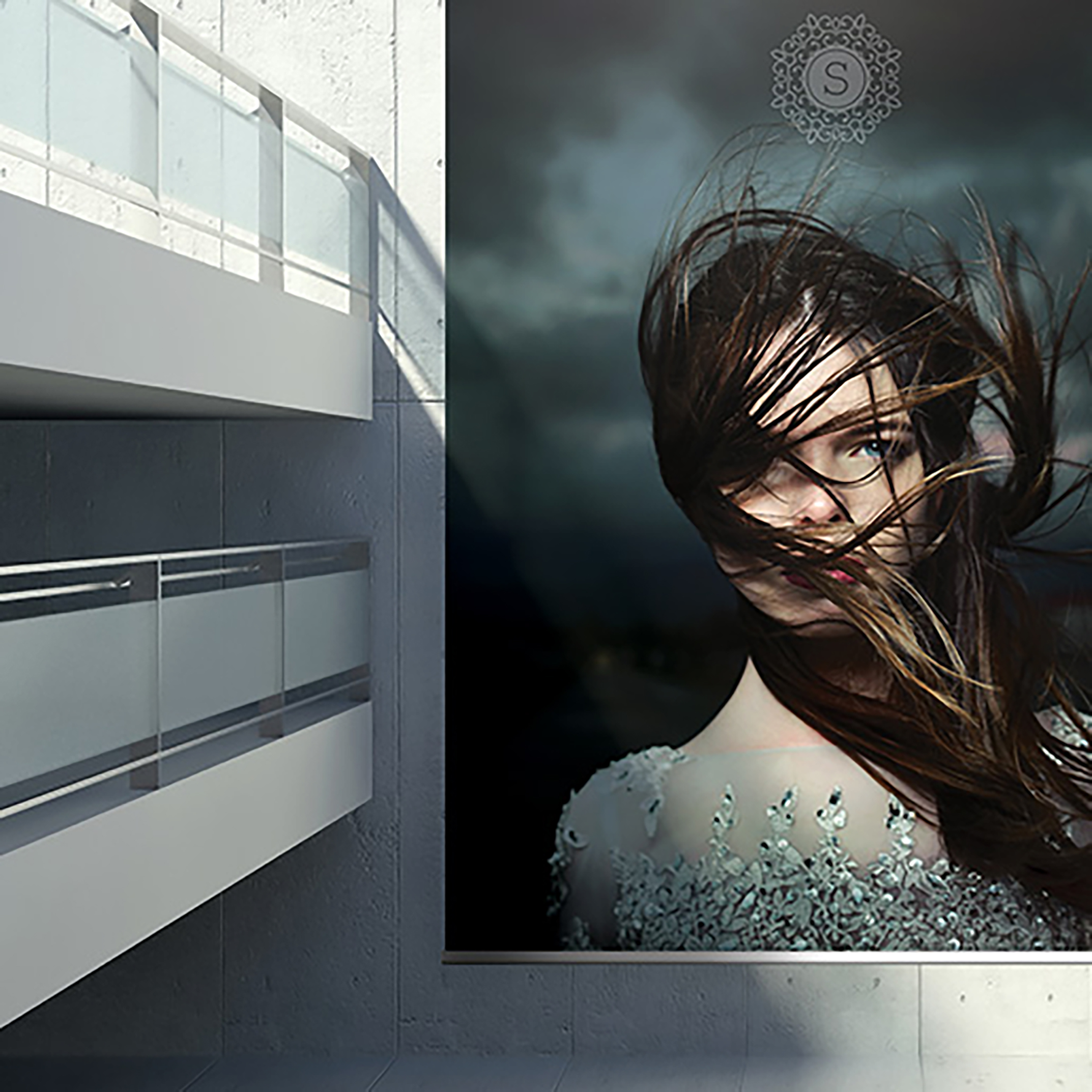A large poster on a modern building exterior shows a woman with long brown hair blowing across her face and a dark, cloudy sky in the background. The poster features an ornate