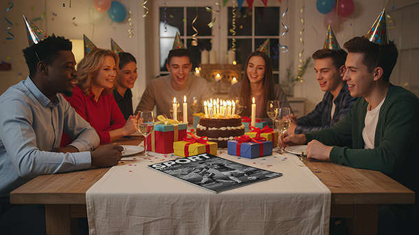 Eine Gruppe junger Menschen sitzt an einem festlich geschmückten Tisch mit Geburtstagskuchen, Geschenken und Kerzen; im Vordergrund liegt eine schwarz-weiß gedruckte, deutschsprachige Broschüre mit Klammerbindung und dem Titel „SPORT“.