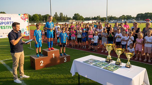 Bei einem Jugendsportfest stehen drei Kinder in blauen Uniformen auf einem Siegerpodest, während ein Mann mit Mikrofon die Ergebnisse verkündet; in der Nähe befindet sich ein Tisch mit Pokalen und Broschüren, und im Hintergrund schaut eine Menge Eltern und Kinder zu.
