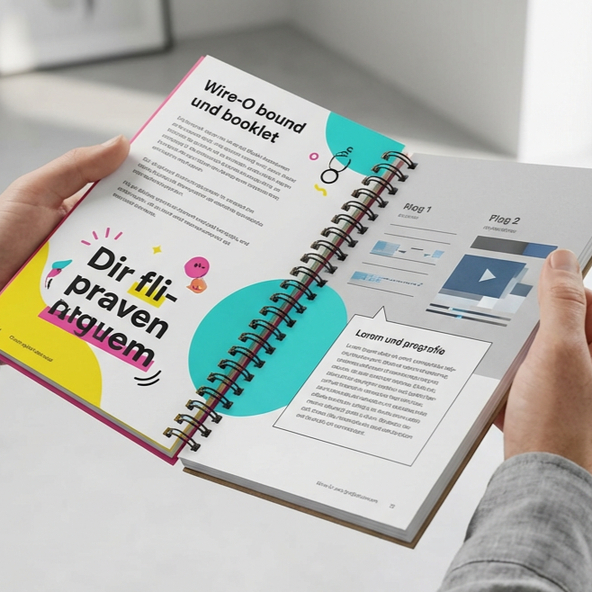 A person holds open a colorful spiral-bound booklet featuring playful graphics, sample layouts, and text in German, with one page highlighting