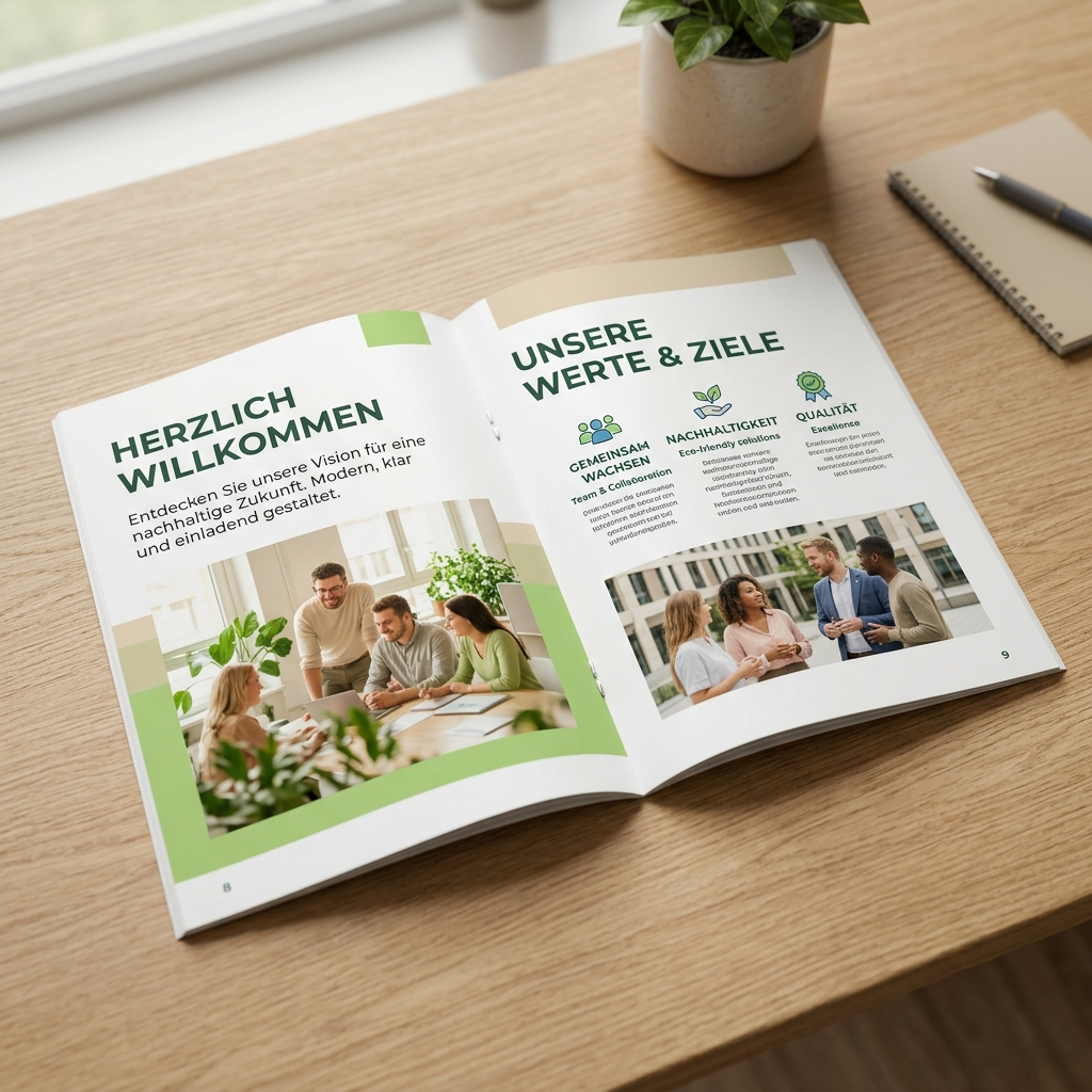An open brochure on a wooden desk shows two pages with German text, images of people collaborating, and green-themed design elements. The left page welcomes readers and features a photo of four people working together at a table, while the right page lists company values and goals with icons and a photo of a group conversing outdoors.
