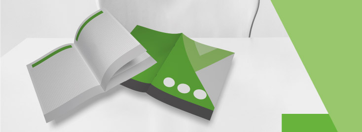 Auf einer weißen Fläche sind zwei Broschüren mit Klammerbindung abgebildet, eine geöffnet und eine geschlossen, mit einem geometrischen Coverdesign in Grün, Weiß und Grau.