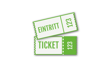 Vier rechteckige Tickets mit einem grün-grau-weißen Design und dem in fetten schwarzen Buchstaben aufgedruckten Wort „EINTRITT“ werden auf weißem Hintergrund angezeigt.