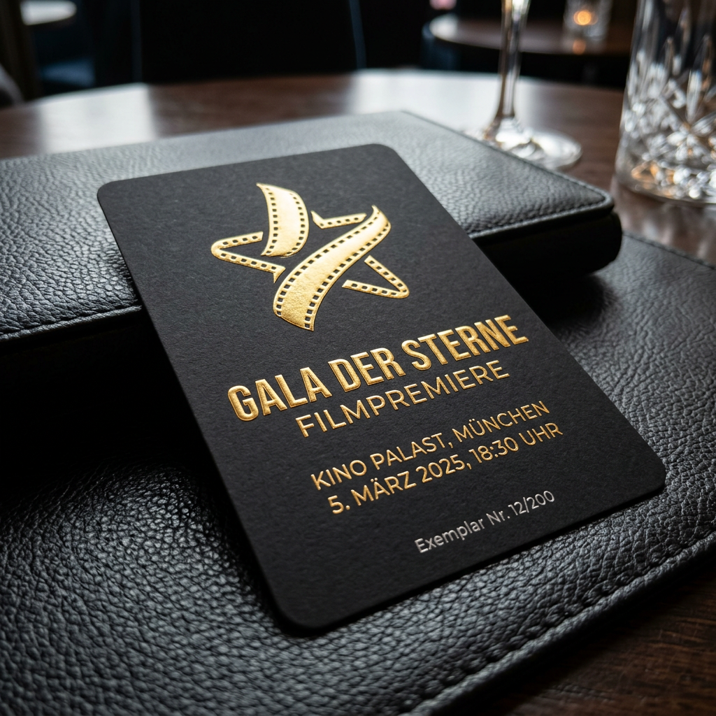 Two elegant event invitation cards rest on a black leather item; the black card with gold foil details announces a film premiere in Munich on March 5, 2025, while the white card notes admission by personal invitation only and a black-tie dress code.