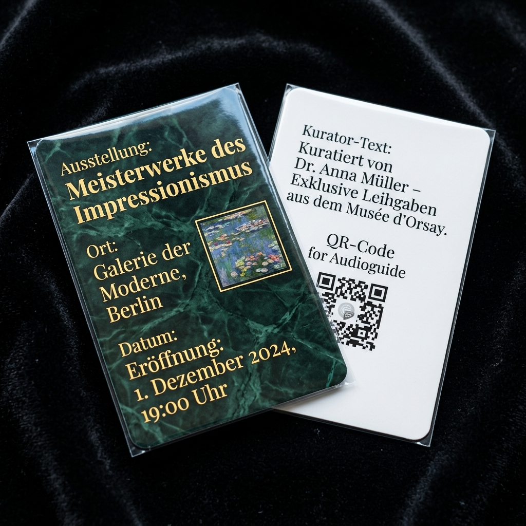 Two exhibition cards lie on a dark velvet surface. The front card announces an Impressionist art exhibition in Berlin, opening on December 1, 2024, and features a small image of a Monet-style water lilies painting. The partially visible back card provides curator details and a QR code for an audio guide.