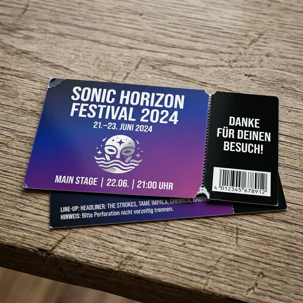 A concert ticket on a wooden table for the