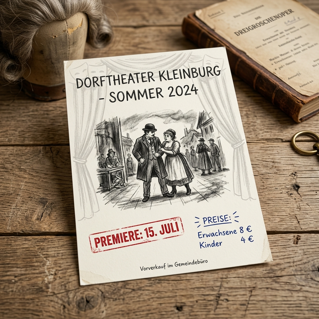 A flyer on a wooden table advertises the Dorf Theater Kleinburg’s Summer 2024 program, featuring a black-and-white sketch of actors on stage. The premiere date is July 15, with ticket prices listed as 8 euros for adults and 4 euros for children; a theater wig and script lie nearby.