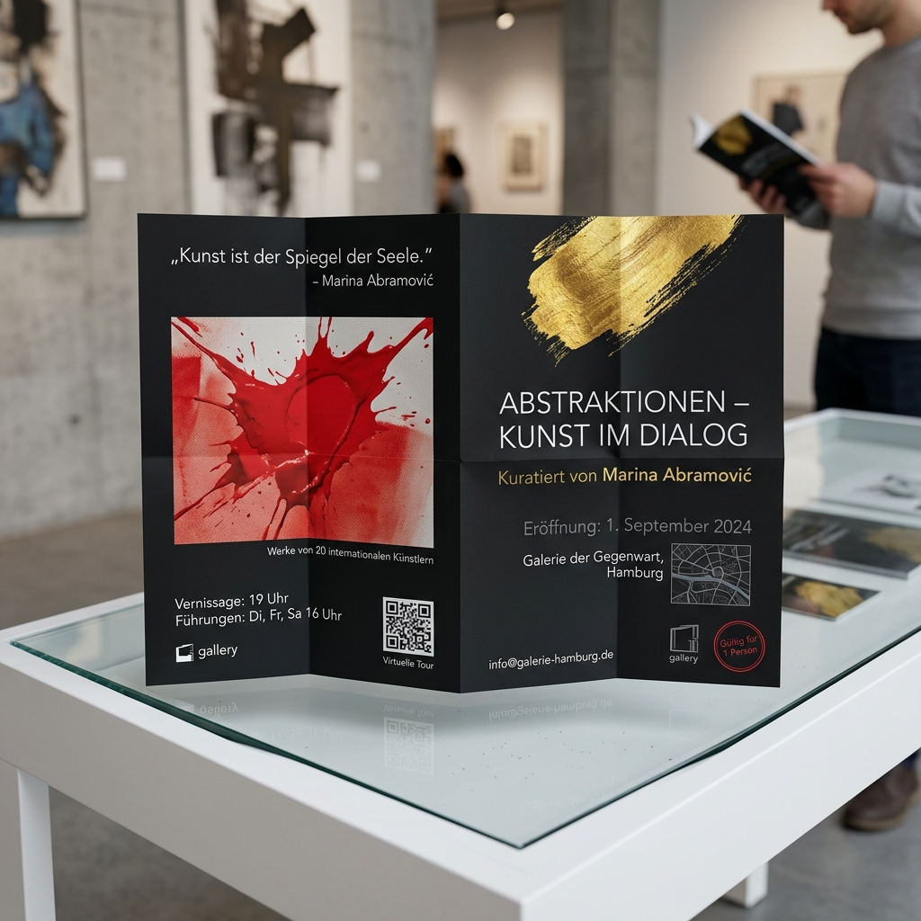 A folded exhibition flyer stands on a glass table in an art gallery, featuring a bold red abstract artwork and event details for
