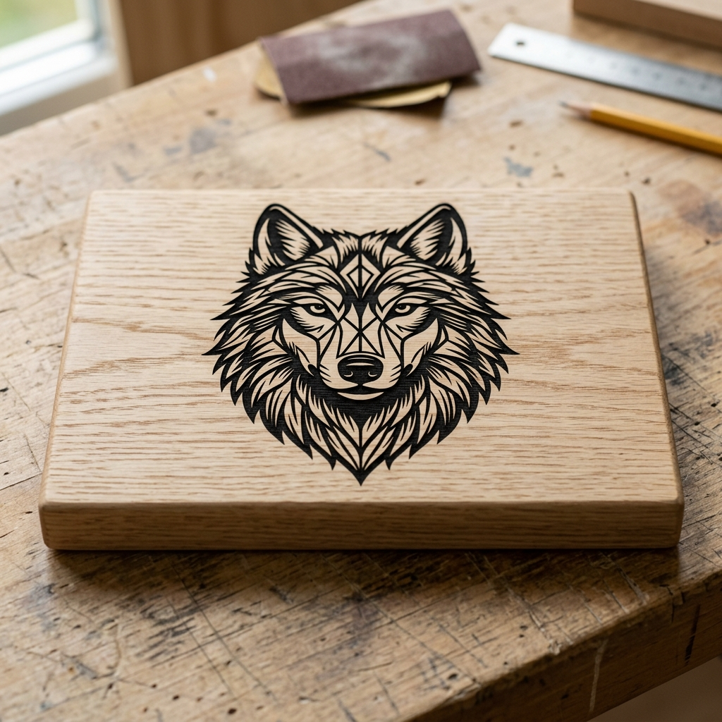 A wooden board with a geometric wolf head design engraved in black sits on a workbench, surrounded by woodworking tools including sandpaper, a ruler, and a pencil.