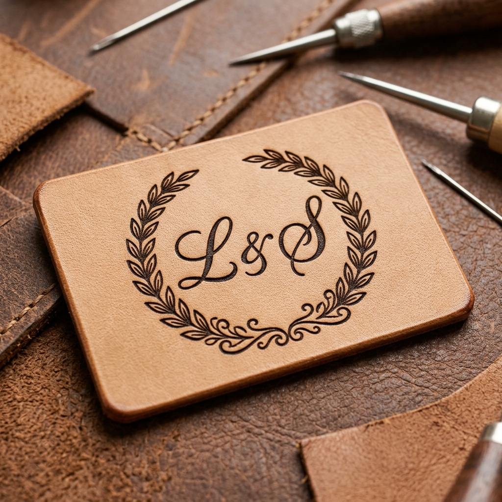 A tan leather card engraved with a wreath design and the initials