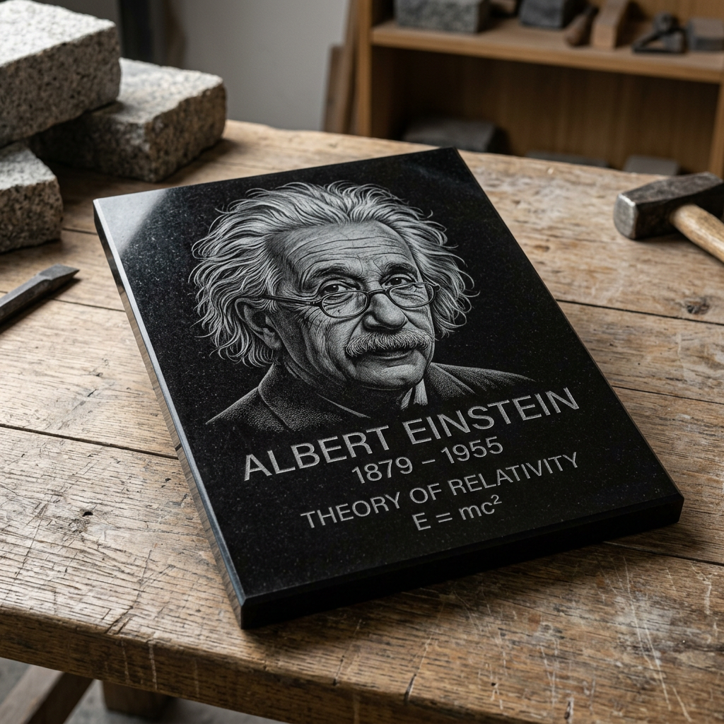 A black granite plaque with an engraved portrait of Albert Einstein, his name, birth and death years (1879–1955), and the inscription