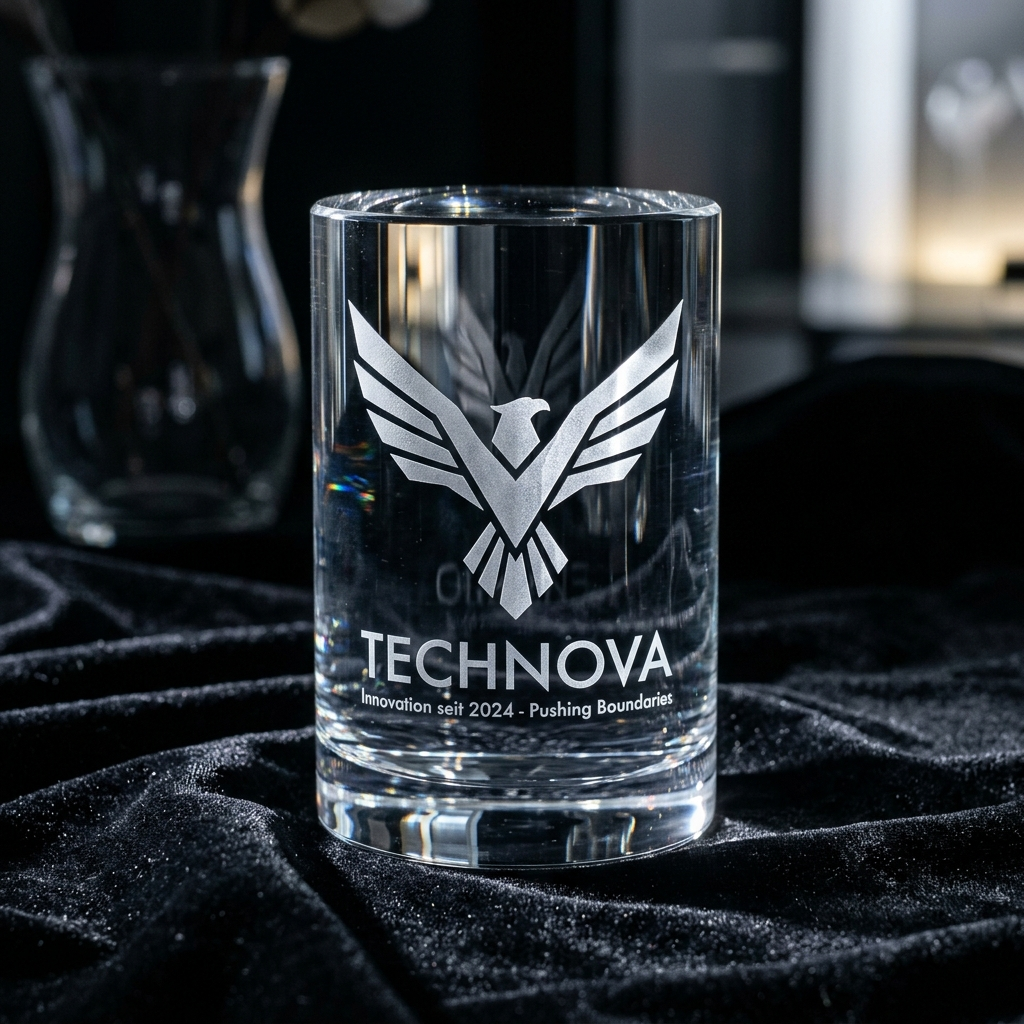 A clear glass award with a stylized silver eagle logo and the text