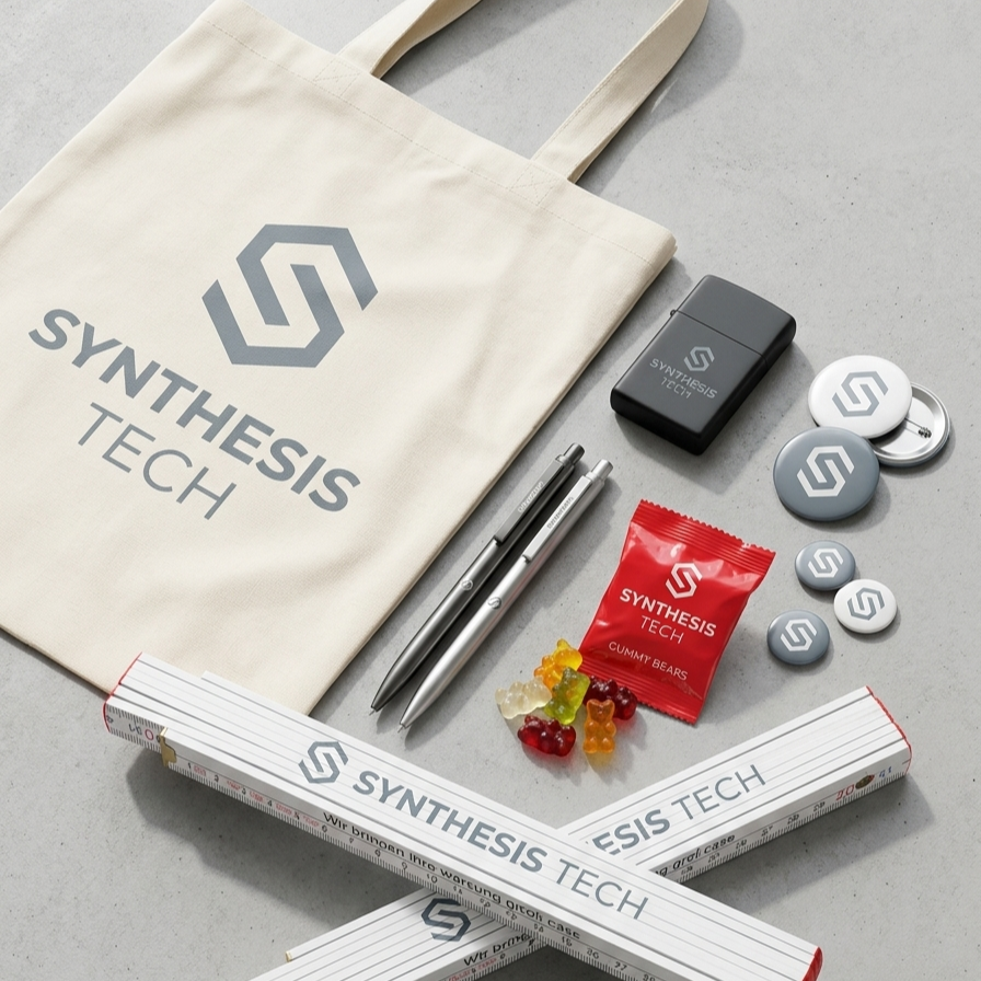 A collection of branded promotional items from 