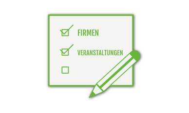 Eine Spiralblockseite mit drei Checklistenpunkten in deutscher Sprache: „FIRMEN“ und „VERANSTALTUNGEN“ sind angekreuzt, das dritte Kästchen ist nicht angekreuzt. Ein grüner Stift liegt diagonal über den Block.
