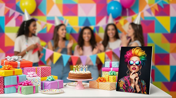 Ein Tisch ist mit bunt verpackten Geschenken, einer Geburtstagstorte mit Kerzen und einem Fotoabzug einer Frau mit Regenbogenhaar und Sonnenbrille dekoriert, während im Hintergrund vor einer lebhaften, geometrisch gemusterten Wand eine Gruppe von Frauen mit Partyhüten lächelnd feiert.