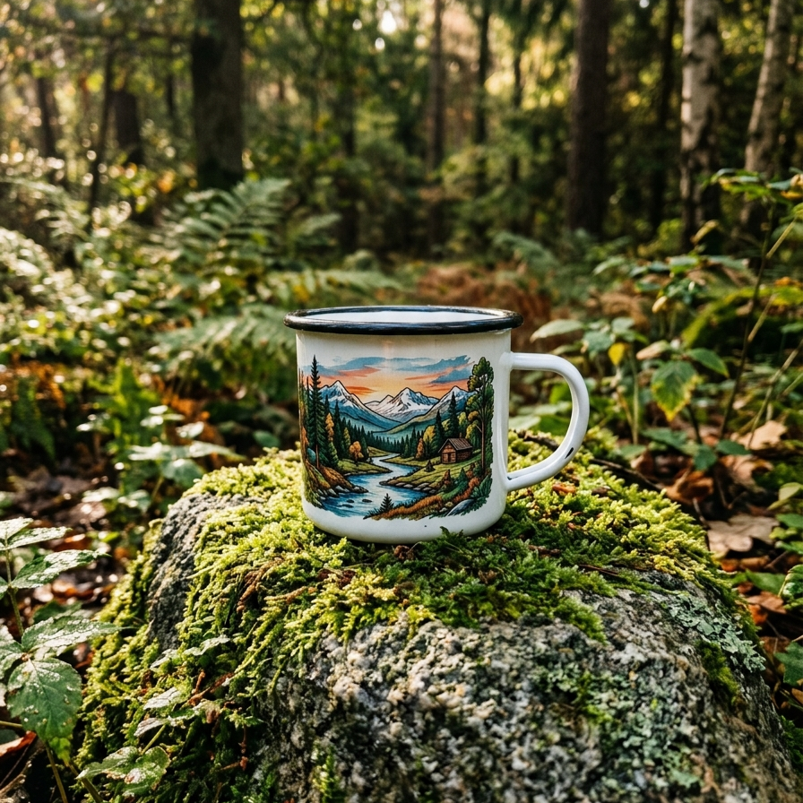 A white enamel mug with a colorful mountain landscape design sits on a moss-covered rock in a lush forest, surrounded by green foliage and trees.