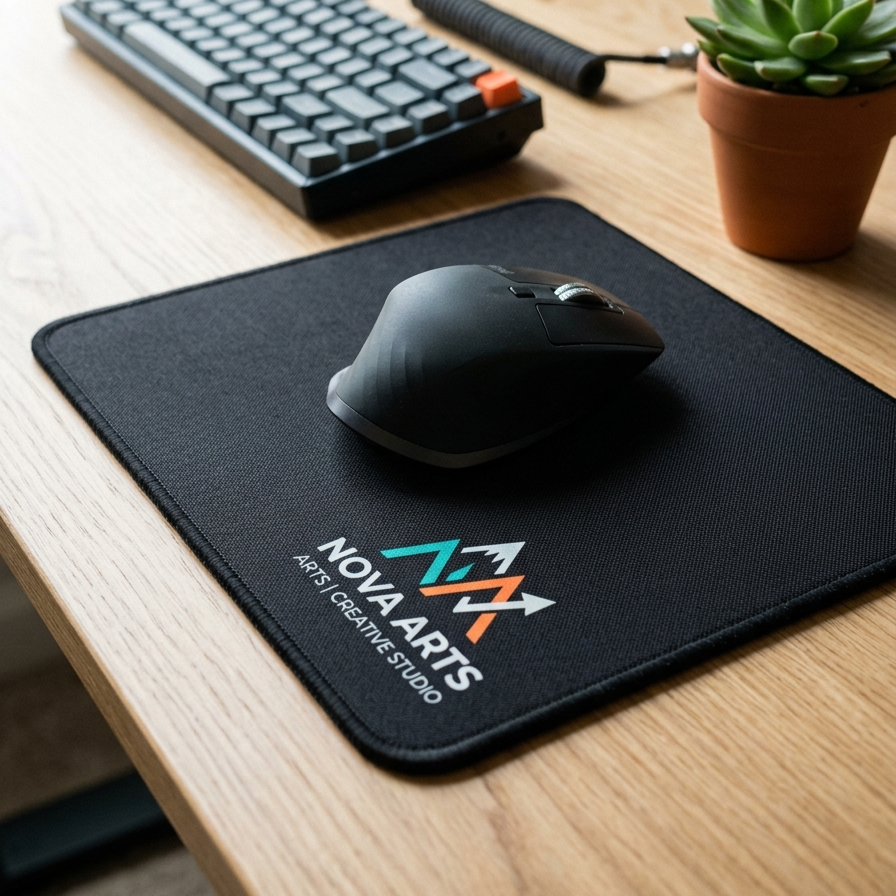 A black mouse pad with a colorful geometric logo and the text