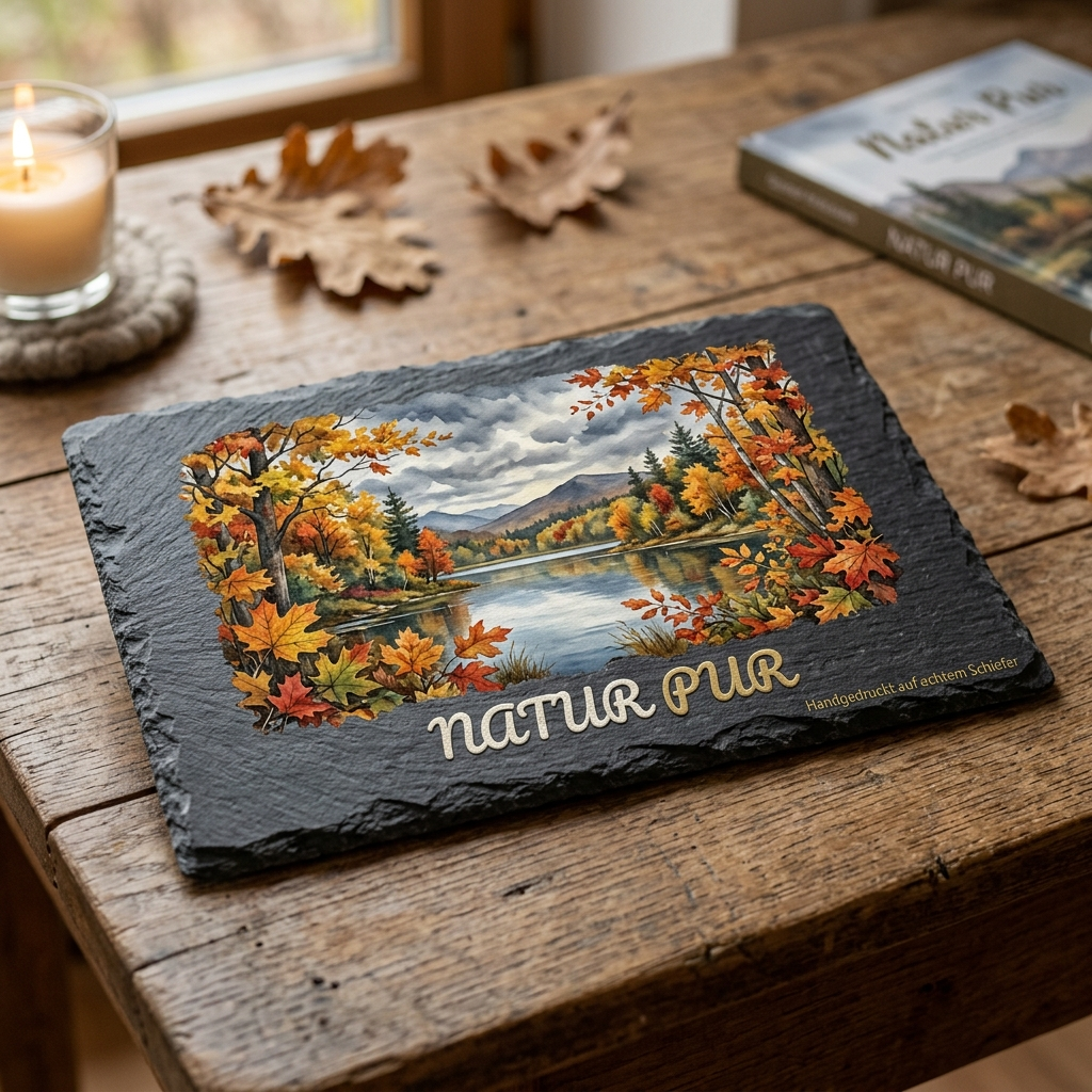 A decorative slate plaque on a wooden table displays a colorful autumn landscape painting with trees, a lake, and mountains, along with the text