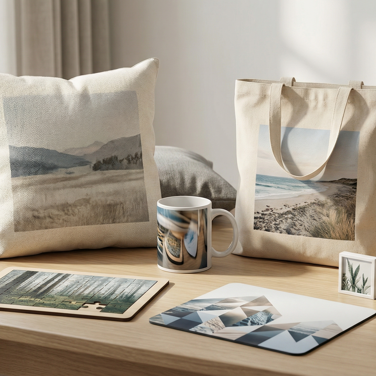A pillow, tote bag, and ceramic mug each featuring nature-themed prints are arranged on a wooden table, along with a mouse pad, a partially assembled jigsaw puzzle with a forest image, and a small framed plant illustration.