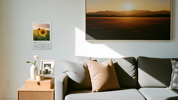 Ein modernes Wohnzimmer mit grauem Sofa und Kissen in neutralen Tönen, einem Beistelltisch aus Holz mit Vase und gerahmtem Foto sowie einem Wandkalender mit Sonnenblumenmotiv darüber. Sonnenlicht strömt herein und wirft Schatten auf Wand und Möbel.