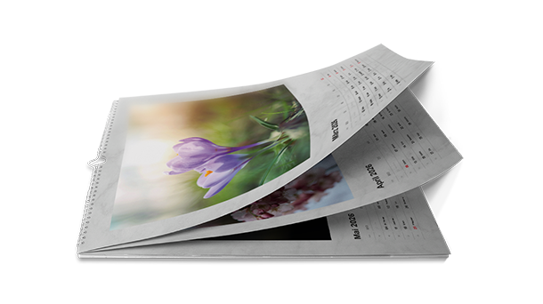 Ein spiralgebundener Wandkalender ist aufgeschlagen auf einer Seite mit einem Nahaufnahmefoto einer lila Blume; auf den teilweise umgeblätterten Seiten sind Monatsraster und Datumsangaben sichtbar.