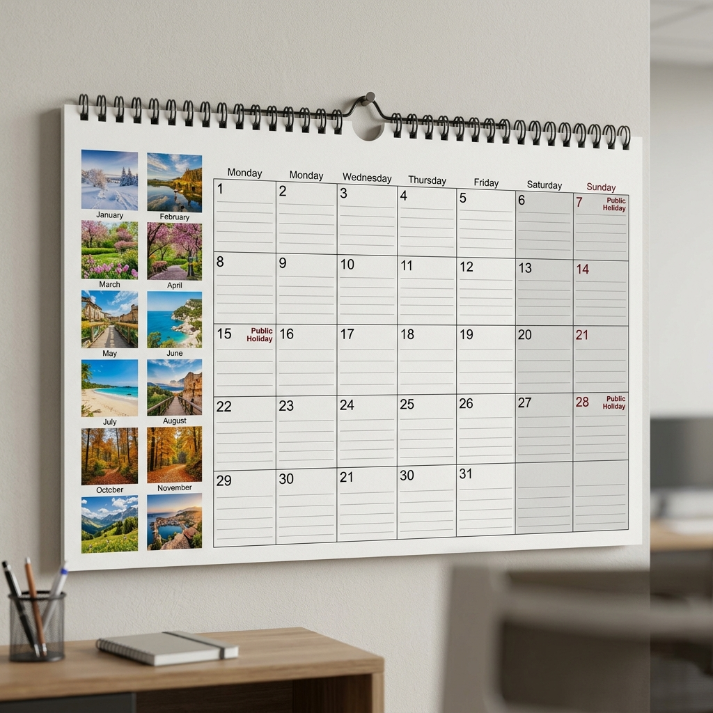 A spiral-bound wall calendar hangs on a light-colored wall above a desk with pens and a notebook. The calendar features a monthly grid with some dates marked as public holidays and displays scenic images representing each month in a column on the left side.