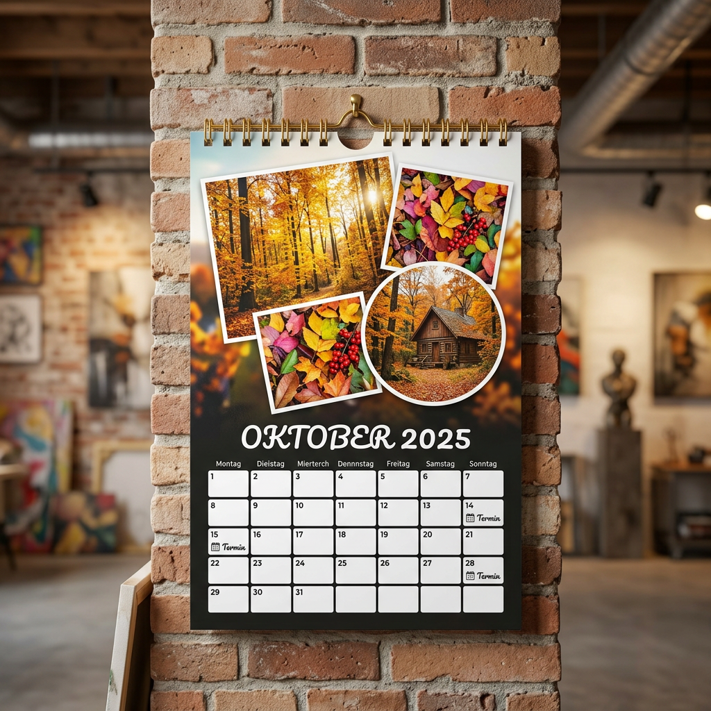 A wall calendar for October 2025 hangs on a brick wall, featuring autumn-themed photos including a forest with colorful fall foliage, a pile of vibrant leaves with berries, and a rustic cabin surrounded by trees with orange leaves. The calendar grid below shows days of the month in German, with some dates marked for appointments.