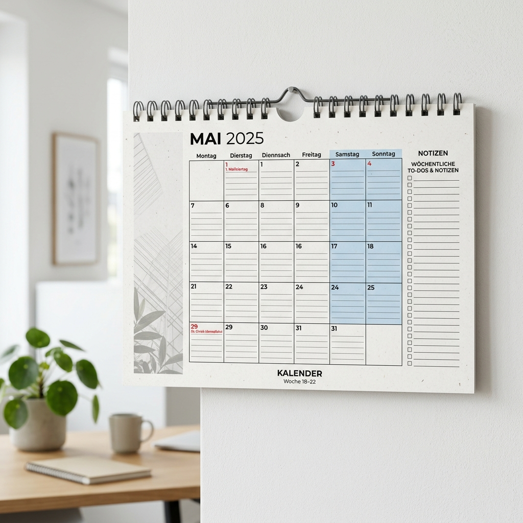A wall calendar open to May 2025 hangs on a white wall in a bright, modern office. The calendar has space for daily notes, with weekends highlighted in blue and a check-list section on the right.