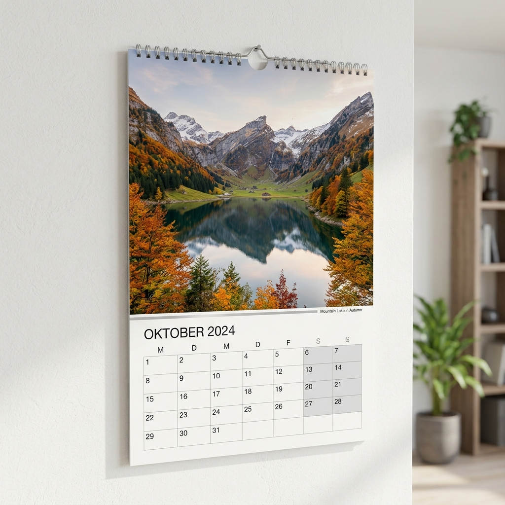 A wall calendar open to October 2024, featuring a photograph of a mountain lake surrounded by autumn trees and snow-capped peaks above. The calendar is hanging in a bright, modern room with a plant and shelves visible in the background.