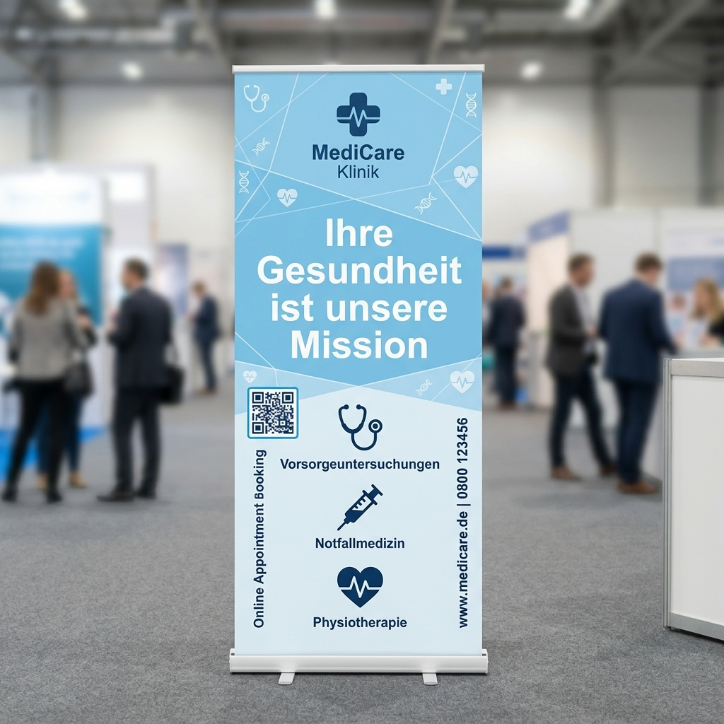 A blue medical clinic banner in German at a conference reads