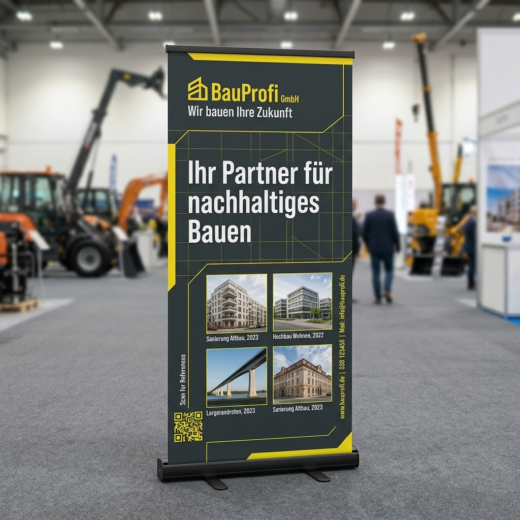 A large roll-up banner for BauProfi GmbH stands in a trade show hall with construction equipment and people in the background. The banner features the company logo, slogan
