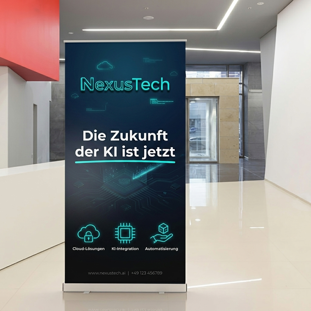 A vertical banner in a modern office lobby displays the text