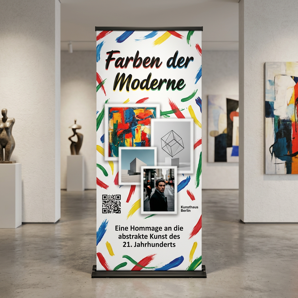 A colorful exhibition banner in a modern art gallery features the text