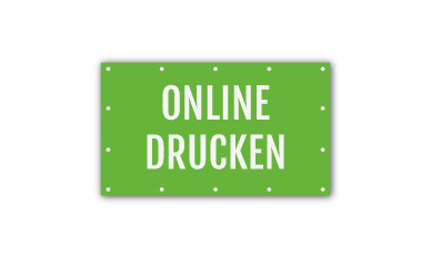 Ein rechteckiges PVC-Banner mit grün-grauem geometrischem Muster, dem Schriftzug „einszweidrei“ und Social-Media-Symbolen für Facebook, LinkedIn und Instagram. Das Banner hat Metallösen in den Ecken zum Aufhängen.