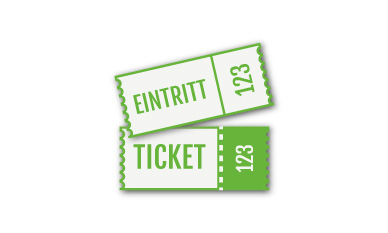 Vier grüne, graue und weiße Eintrittskarten mit der Aufschrift „EINTRITT“ sind auf einer weißen Fläche angeordnet und stellen Eintrittskarten für ein Dorffest dar.